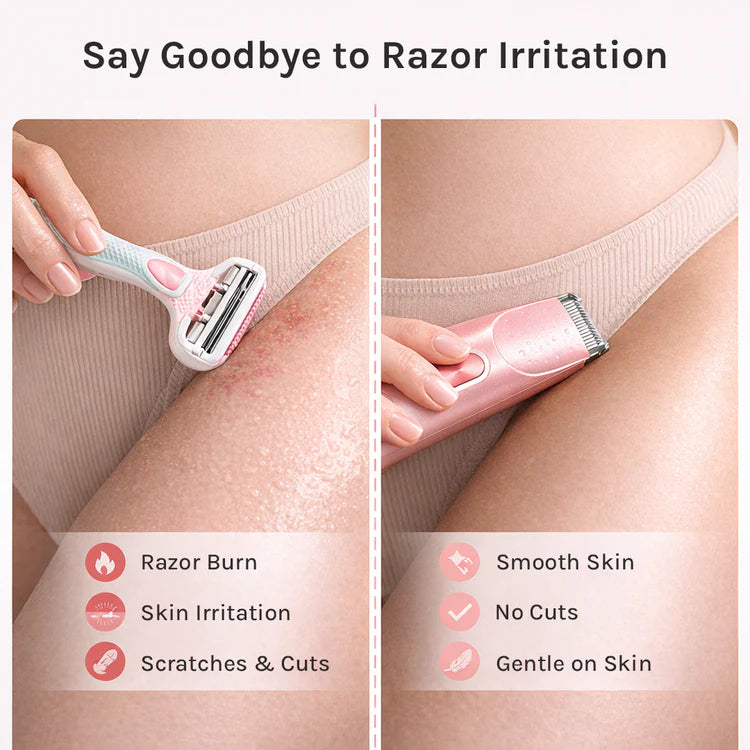 Comparison of razor burn and smooth skin with a hair removal tool on a person's leg.
