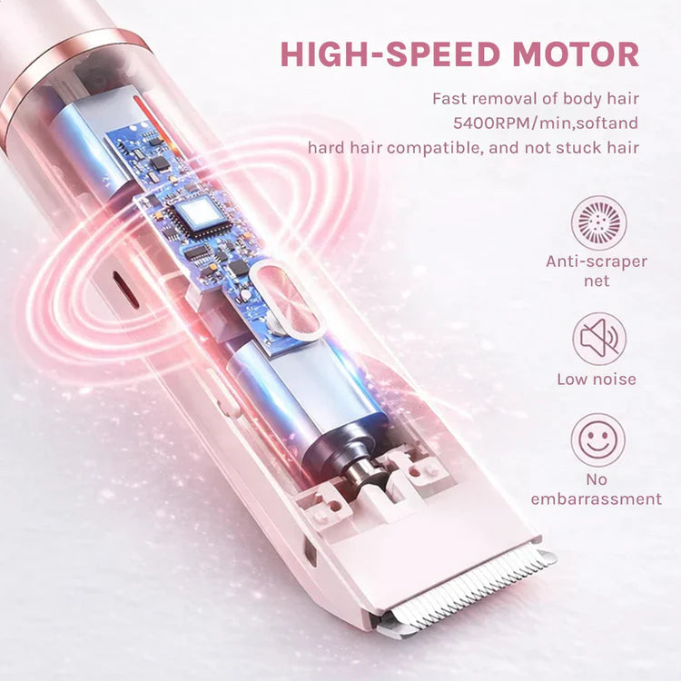 Hair removal device with high-speed motor and features on a pink background