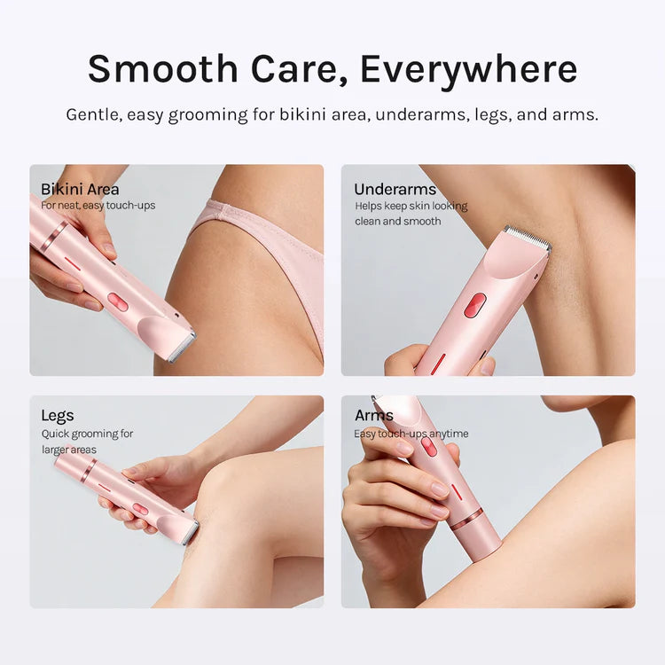 Electric hair removal device with text on smooth care for various body areas.
