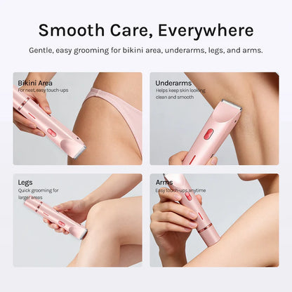 Electric hair removal device with text on smooth care for various body areas.