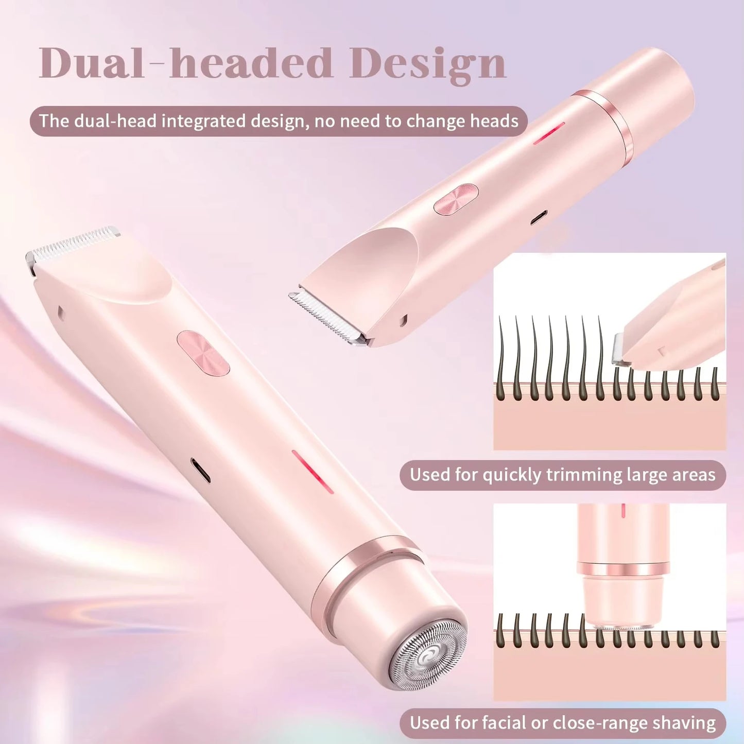 Pink dual-headed grooming tool with text on a light purple background
