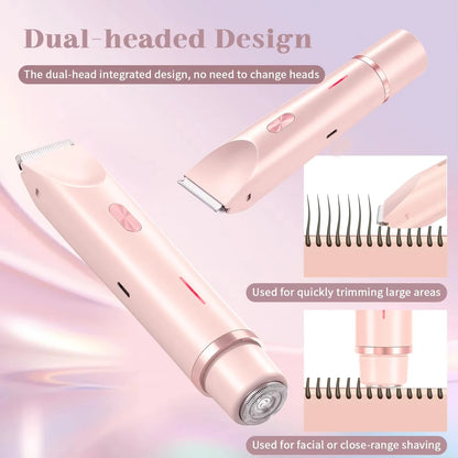 Pink dual-headed grooming tool with text on a light purple background